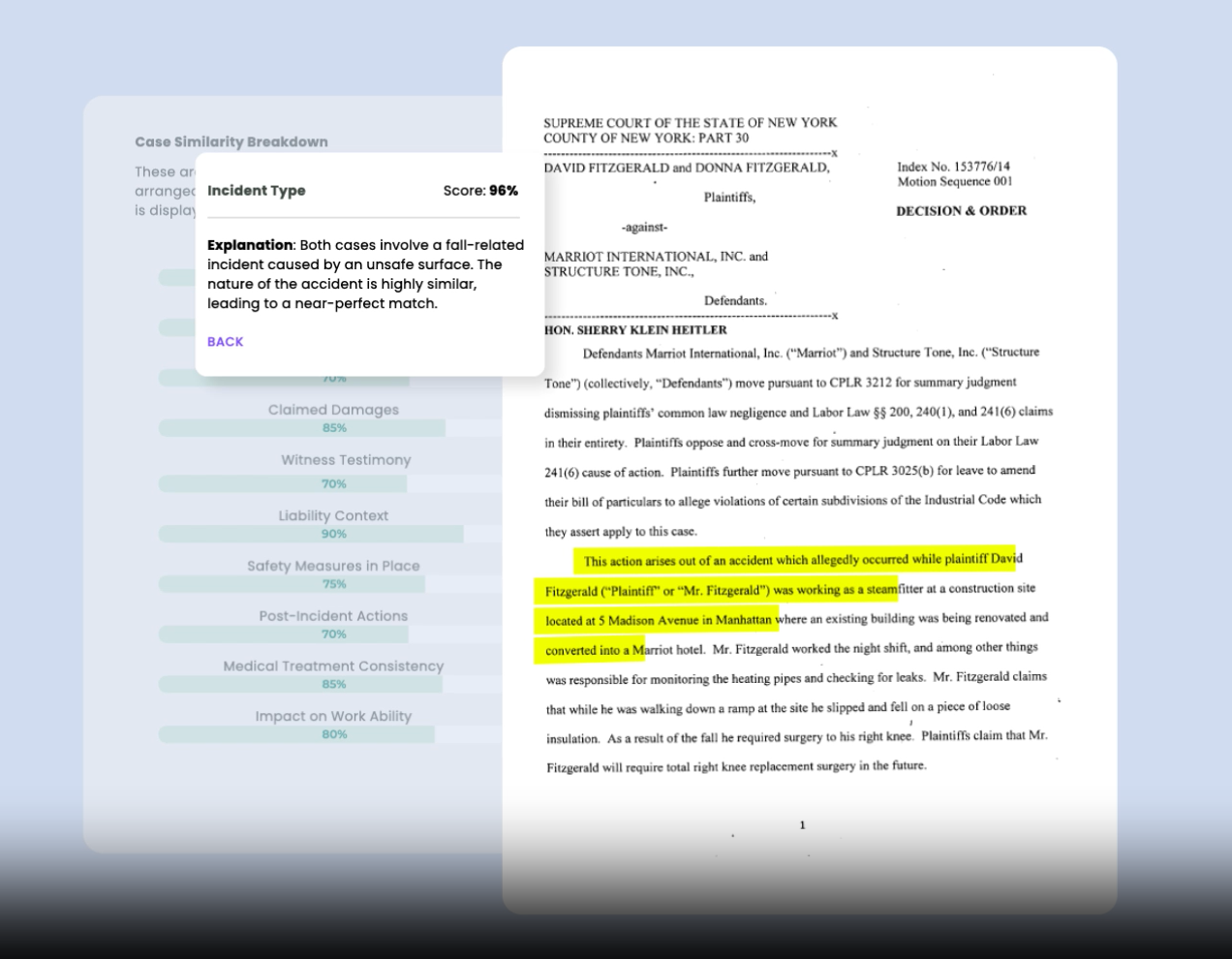 Captura de pantalla de Canotera AI mostrando la evaluación de un caso legal, con análisis de similitudes y predicción de resultados basada en inteligencia artificial.