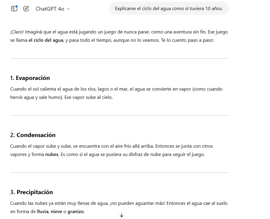 Captura de pantalla de Chat GPT respondiendo a la instrucción "Explicame el ciclo del agua como si tuviera 10 años"