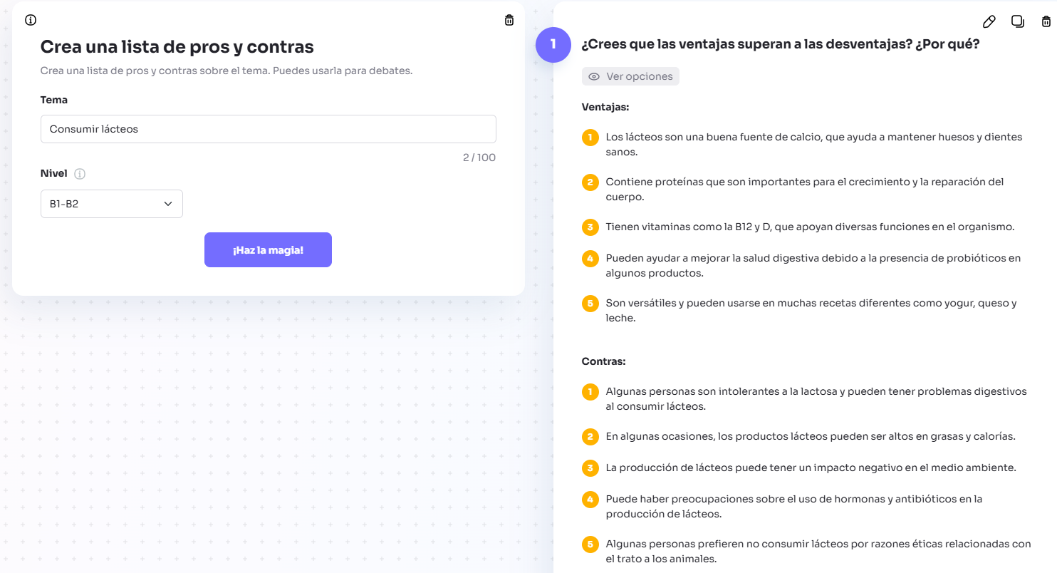 Respuesta de Twee a la orden de crear una lista de pros y contras de consumir lácteos. Imagen captura de Twee.