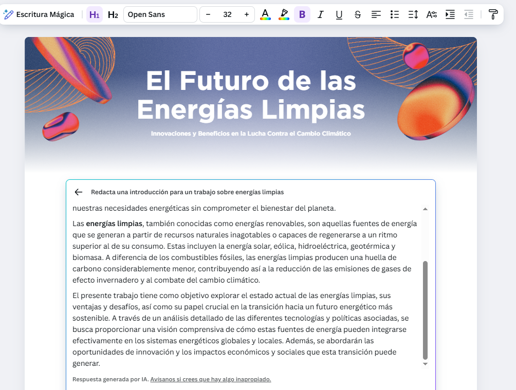 Resultado de Canva luego de haber recibido la orden de redactar una introducción para un trabajo sobre energías limpias. Imagen captura de pantalla de Canva.