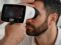 Primer plano de un paciente durante un examen ocular con un dispositivo portátil que captura imágenes de la retina. El equipo, desarrollado por AEYE Health, utiliza inteligencia artificial para detectar retinopatía diabética sin necesidad de dilatar los ojos ni acudir al especialista.