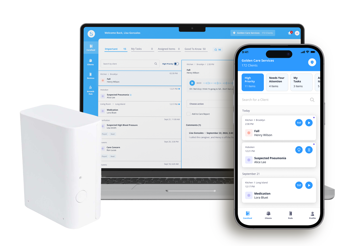Dispositivo de monitoreo doméstico de Sensi.ai conectado en una sala de estar, con interfaz accesible desde una computadora portátil y aplicación móvil, utilizado para ofrecer cuidado remoto no invasivo y cumplir con normas HIPAA.